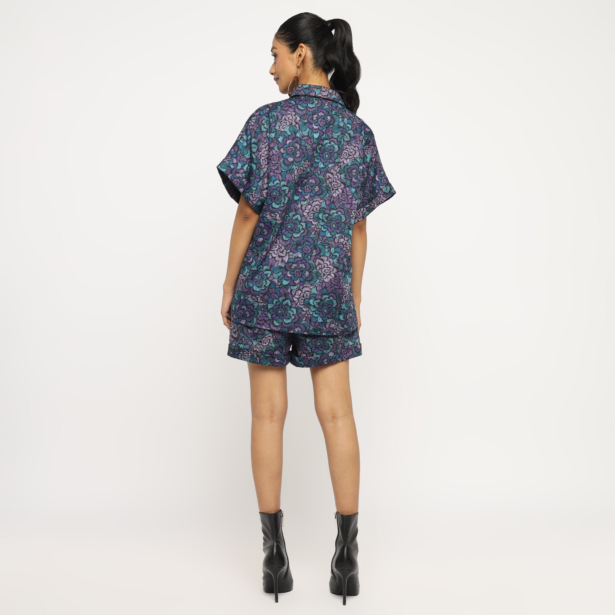Midnight Bloom Co-ord Set – Oversized Shirt & Shorts